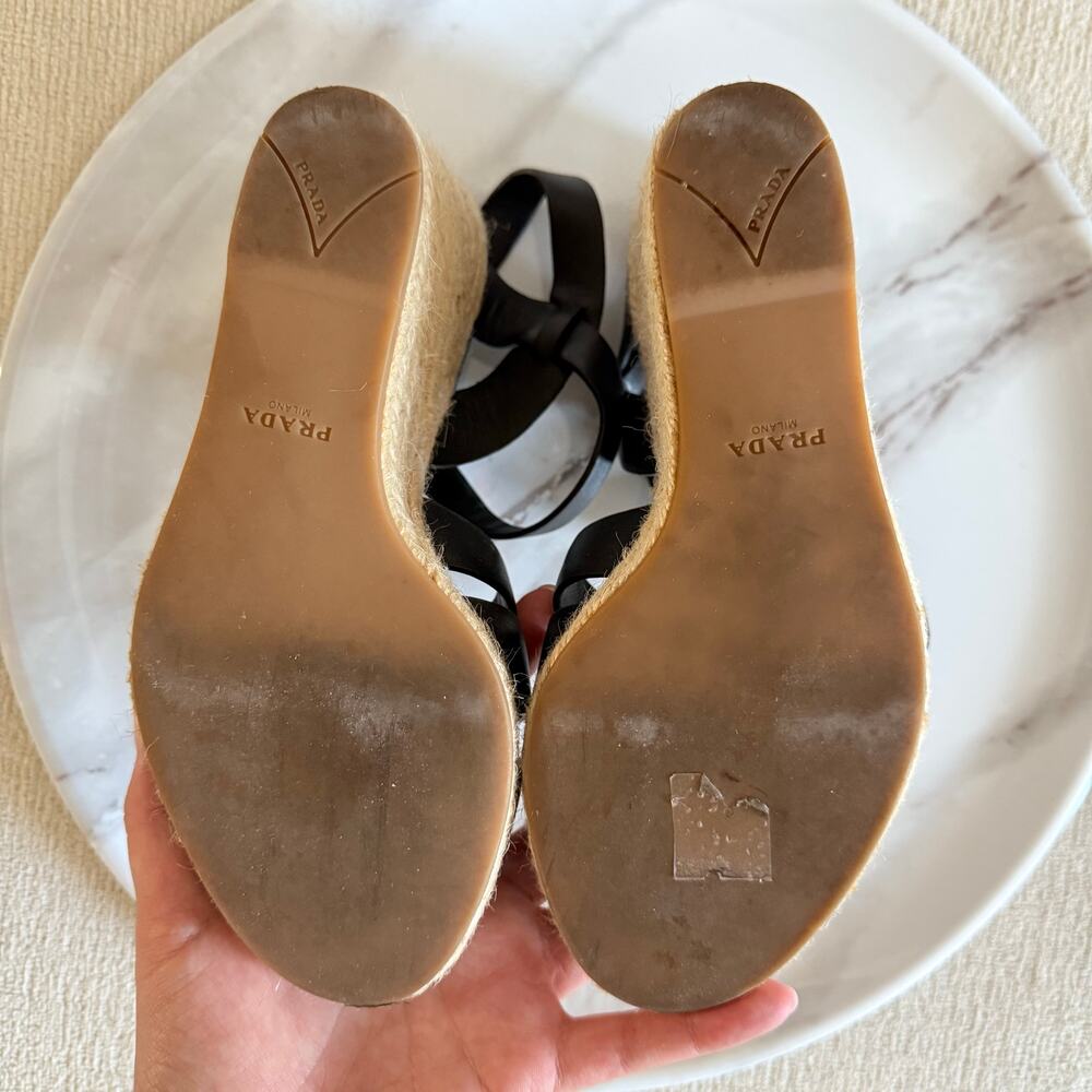 Prada Leather Wedge Espadrilles Black Beige Size 36.5 - Picture 5 of 7